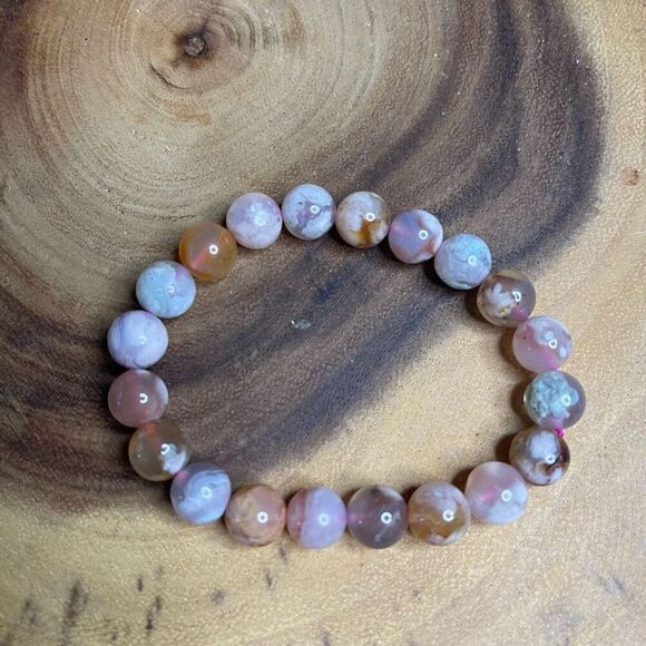 Pink green Flower Agate stretch beaded bracelet 7” crystal healing beads 8mm ONE - Picture 4 of 7
